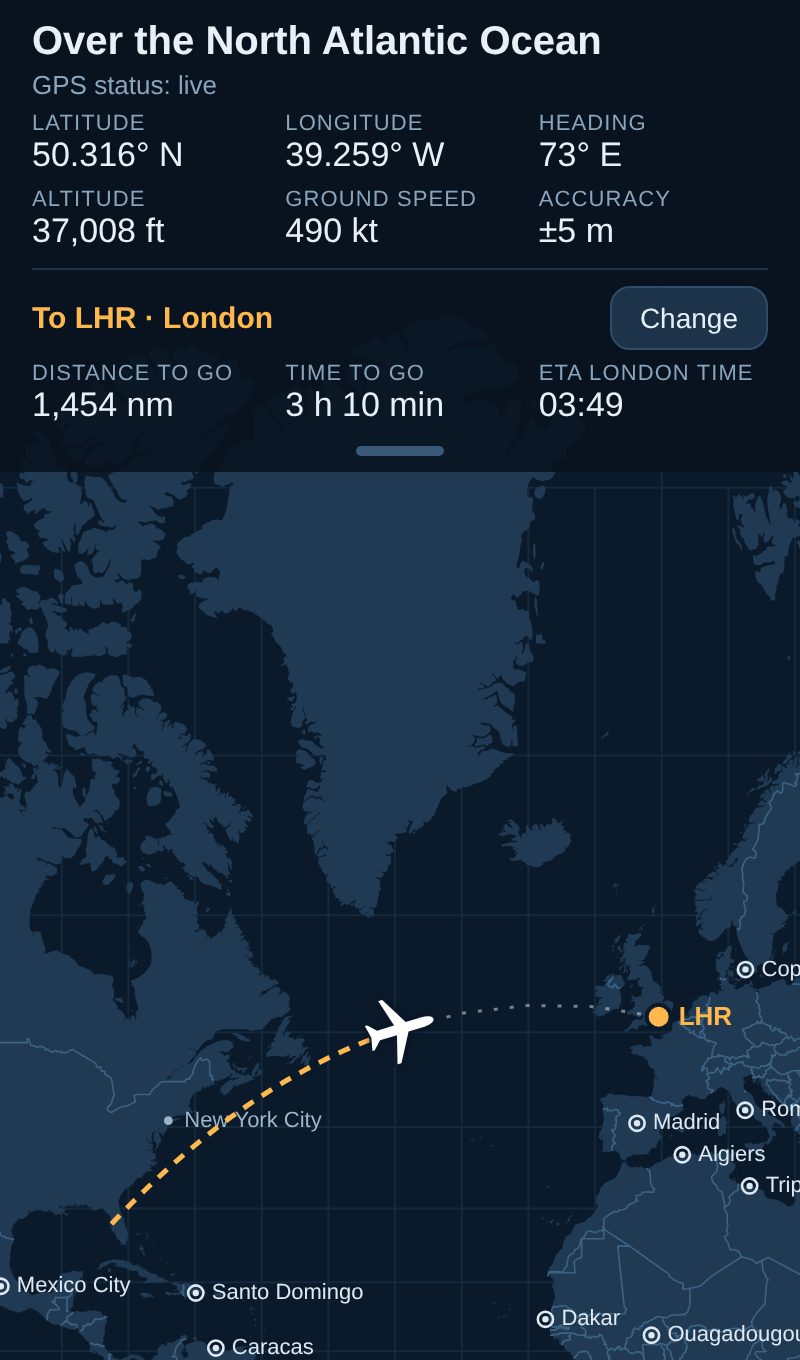 Live position, height, speed and arrival time